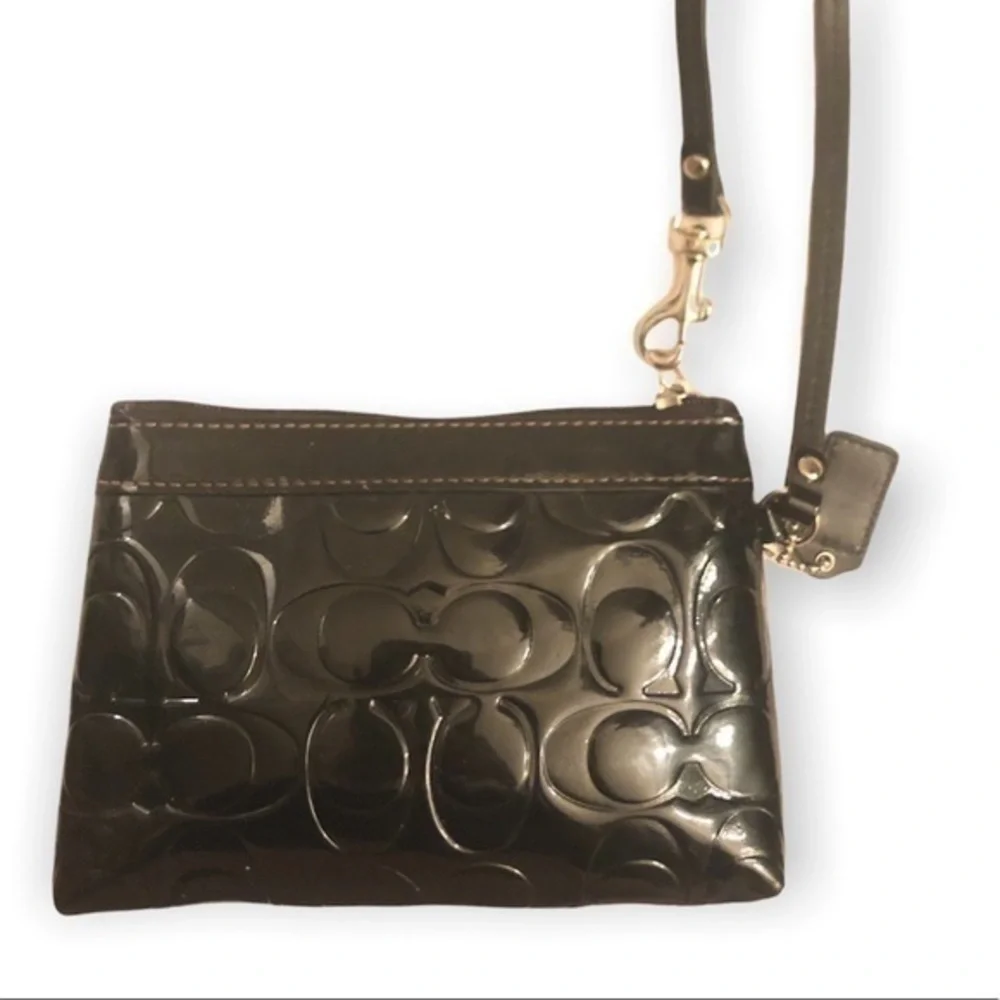 Coach black patent leather embossed c wristlet clutch bag